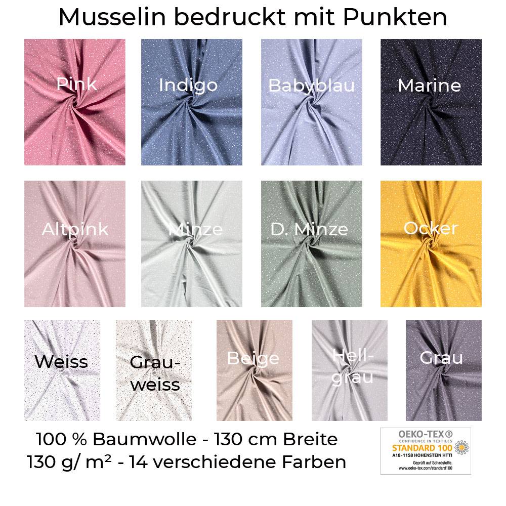 Musselin-Bedruckt-Punkte-100 % Baumwolle-130 cm Breite-50 cm Schritte-Meterware-Oeko-Tex Standard 100-14 Farben Bild 1