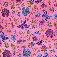 Popelin  Baumwollestoff  Patchworkstoff  Blumen und Schmetterlinge   Pink Bild 1