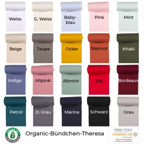 Organic-Bündchen-Theresa-20 Farben-25 cm Schritte-Meterware-35 cm Schlauch-OCS-Organic Standard & GOTS zertifiziert