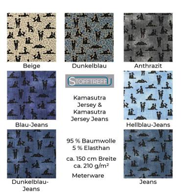 Kamasutra-Jersey-Jeans-150 cm Breite-50 cm Schritte-7 verschiedene Farbnuancen