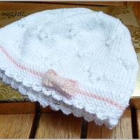 Handgestrickte Babymütze für die Taufe, Baumwolle, weiß, rosa Bild 2