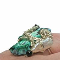 handgemachter Ring verstellbar Achat grün Malachit Perle weiß in wirework silberfarben boho hippy Bild 2