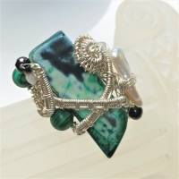 handgemachter Ring verstellbar Achat grün Malachit Perle weiß in wirework silberfarben boho hippy Bild 5