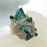 handgemachter Ring verstellbar Achat grün Malachit Perle weiß in wirework silberfarben boho hippy Bild 6