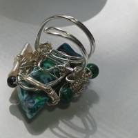 handgemachter Ring verstellbar Achat grün Malachit Perle weiß in wirework silberfarben boho hippy Bild 7