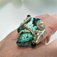 handgemachter Ring verstellbar Achat grün Malachit Perle weiß in wirework silberfarben boho hippy Bild 8