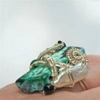 handgemachter Ring verstellbar Achat grün Malachit Perle weiß in wirework silberfarben boho hippy Bild 9