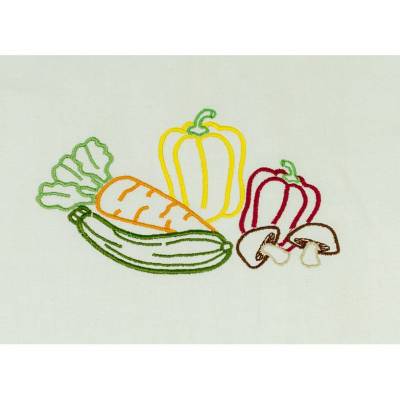 Baumwoll- Gemüsebeutel in hellbeige mit aufgestickter Möhre, Zucchini, Paprika und Pilzen  - Zero Waste