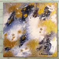 STERNENSTAUB - abstraktes Leinwandbild auf 3,5cm dickem Galeriekeilrahmen 29cmx29cm, mit goldfarbigem Glitter und Sternc Bild 1
