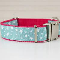 Hundehalsband oder Hundegeschirr mit Sternen, mint und pink, trendy, Hundeleine Bild 1