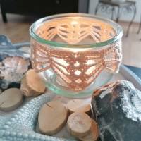 Teelichtglas mit handgehäkelter Spitze Kerzenhalter Teelichthalter Upcycling Glas Textil Bild 1