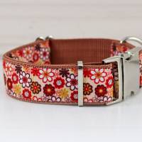 Hundehalsband oder Hundegeschirr mit retro Blumen, floral, rot, gelb und beige, Hunde, Hundeleine Bild 1
