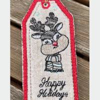 Geschenkanhänger 'Happy Holidays' aus Leinen und Jute - bestickt mit Rudolph, the Red-Nosed Reindeer Bild 1