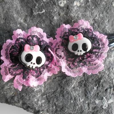 PAAR Skull  Blume rosa Spitze, Schleife, Totenkopf ,Haarspange ,cosplay, 