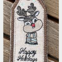 Geschenkanhänger 'Happy Holidays' aus Leinen und Jute - bestickt mit Rudolph, the Red-Nosed Reindeer Bild 1