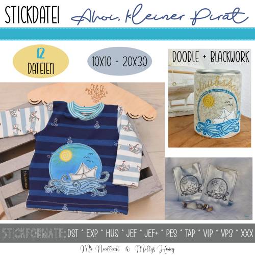Digitale Stickdatei Ahoi, kleiner Pirat für den 10x10 - 20x30 cm (4x4 - 8x12") Stickrahmen
