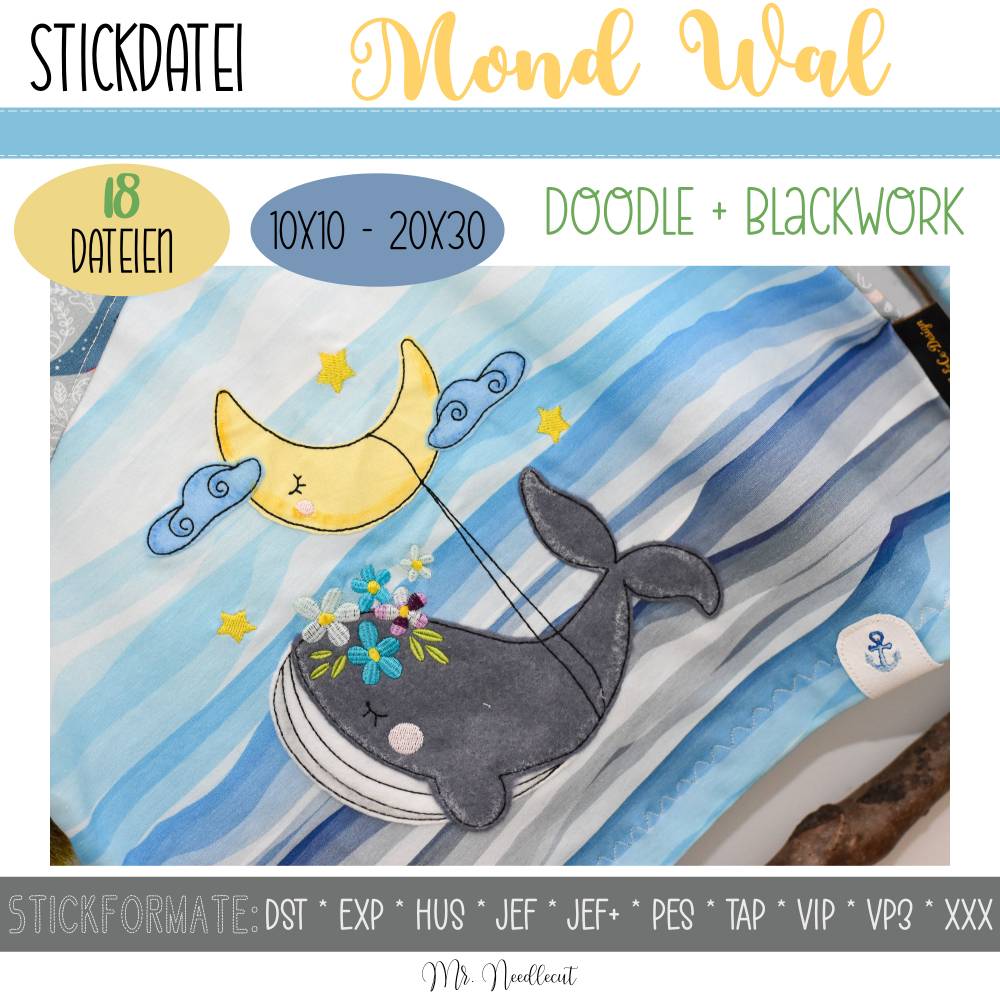 Digitale Stickdatei Mond Wal für den 10x10 - 20x30 cm (4x4 - 8x12") Stickrahmen Bild 1
