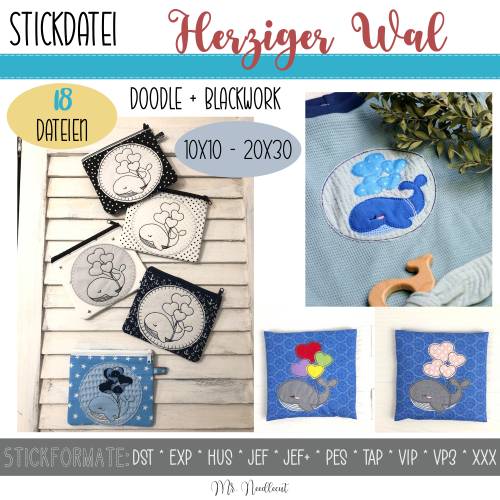 Digitale Stickdatei Herziger Wal für den 10x10 - 20x30 cm (4x4 - 8x12") Stickrahmen