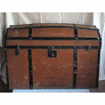 antike Reisetruhe grosser Koffer lackiertes Segeltuch