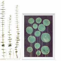 Aquarell Druck, kugelige Blumen in Mint vor dunkelblauem Hintergrund, Kunstdruck mit Linien und Muster, Größe DIN A4 Bild 1