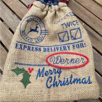 Jute-Nikolaus-Weihnachts-Geschenksack - mit Leinen gefüttert - North Pole Stickerei Bild 1