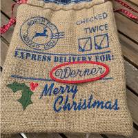 Jute-Nikolaus-Weihnachts-Geschenksack - mit Leinen gefüttert - North Pole Stickerei Bild 3
