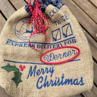 Jute-Nikolaus-Weihnachts-Geschenksack - mit Leinen gefüttert - North Pole Stickerei Bild 4