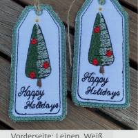 Geschenkanhänger 'Happy Holidays' aus Leinen und Jute - bestickt mit stilisiertem Weihnachtsbaum Bild 1