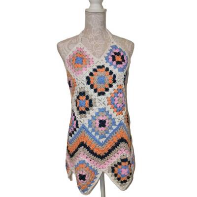 Handgehäkelter Granny Strandkleid Bunt 36/38 freier Rücken Baumwolle 70cm – Bikini Cover