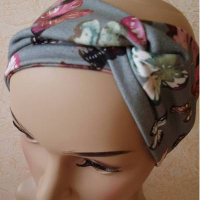 Haarband, Stirnband, Bandeau, Knotenband, Turban-Band, für Damen, mit Schmetterlingen auf grau