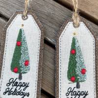 Jute+Leinen-Geschenkanhänger 'Happy Holidays' - bestickt mit stilisiertem Weihnachtsbaum Bild 1