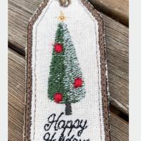 Wildseide-Jute-Geschenkanhänger 'Happy Holidays' - bestickt mit stilisiertem Weihnachtsbaum Bild 1