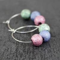 Creolen, Ohrringe mit bunten Perlen, blau, rosa und grün, pastellfarben, silberfarben Bild 2