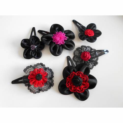 SET 6 Haarspangen mit Motiv , Rose, Satin, schwarz,  