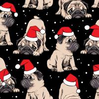 Weihnachten-Stoffe Baumwolle Druck Weihnachtsmops schwarz rot beige weiß Mops mit Nikolausmütze Hundestoffe Geschenke Bild 1