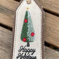 Leinen-Jute-Geschenkanhänger 'Happy Holidays' - bestickt mit stilisiertem Weihnachtsbaum Bild 1