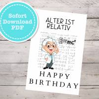 Einstein inspirierte Geburtstagskarte zum sofort Download als PFD mit Umschlag Bild 1