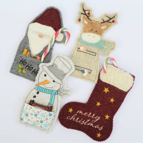 Stickdatei Weihnachten Schokohüllen SET Figuren Nikolaus Stiefel Rentier Schneemann