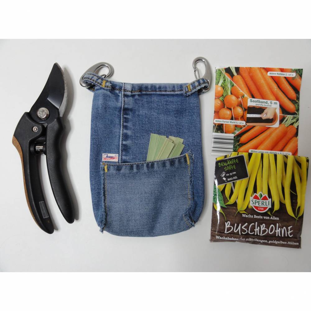 Hüfttasche für die Gartenschere aus Jeans mit extra Täschchen für Anbindedrähte Bild 1
