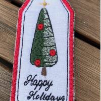 'Happy Holidays'-Geschenkanhänger aus weißem Leinen und Jute - bestickt mit stilisiertem Weihnachtsbaum Bild 1