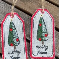 'Merry Xmas'-Geschenkanhänger aus beigem Leinen und Jute - bestickt mit stilisiertem Weihnachtsbaum Bild 1