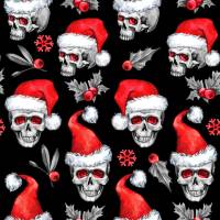 Weihnachten-Stoffe FrenchTerry Sweat Totenkopf mit Nikolausmütze Skulls Weihnachtstotenköpfe Totenköpfe rot weiß schwarz Bild 1