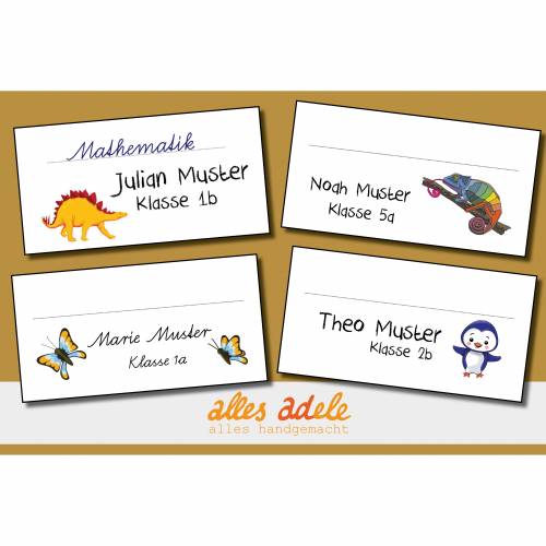 Heftaufkleber für die Schule mit Namen 24 Stk. - Tier nach Wunsch | Personalisiert