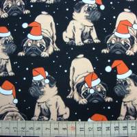 Weihnachten-Stoffe French Terry Sweat Mops mit Nikolausmütze Weihnachtsmops rot weiß beige schwarz Bild 3