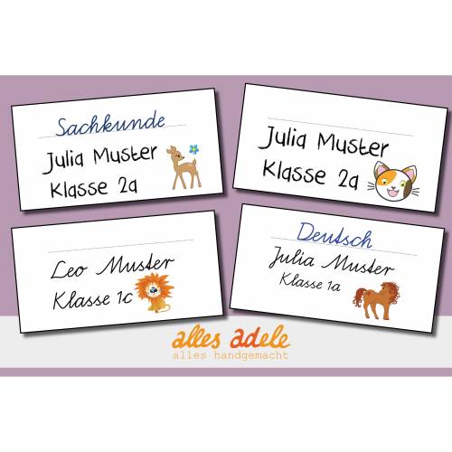 Heftaufkleber für die Schule mit Namen 24 Stk. - Tier nach Wunsch | Personalisiert
