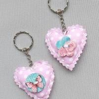 Schlüssel-/ Taschenanhänger Herz aus rosanen Baumwollstoff Bild 1