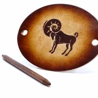 Leder Haarspange mit Tierkreiszeichen Widder - OX Antique Zodiac Aries by Vickys World - Rindsleder & Holz Bild 3