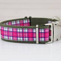 Hundehalsband oder Hundegeschirr mit Schottenkaro, olivgrün und rosa, Hunde, Hundeleine Bild 1