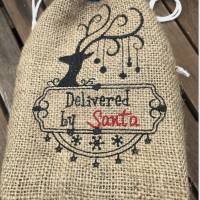 Weihnachts-Geschenkverpackung - genäht aus echtem Jutesack - bestickt und mit Pannesamt gefüttert - Reindeer Bild 2