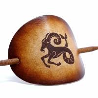 Leder Haarspange mit Tierkreiszeichen Steinbock - OX Antique Zodiac Capricorn by Vickys World - Rindsleder & Holz Bild 1